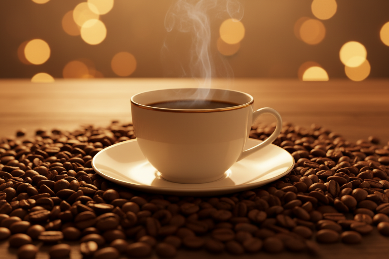 Coffee cup and saucer on coffee beans